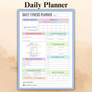 Daily Fitness Planner Canva Template, Workout Tracker Printable, Meal Water Wellness Log, Editable Health Planner