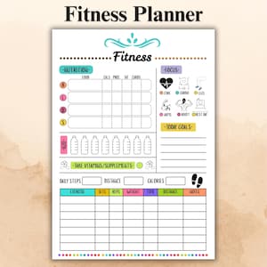 Könnte beinhalten: Ein weißer Fitnessplaner mit dem Text "Fitness Planner". Der Planer enthält Abschnitte für Ernährung, tägliche Schritte und Trainingsverfolgung. Er verfügt über farbenfrohe Akzente und Illustrationen von Wasserflaschen und Körperteilen.