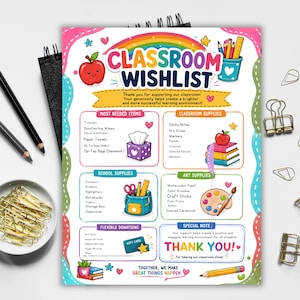 Puede incluir: Un folleto colorido de lista de deseos para el aula con un arcoíris, una manzana y secciones para útiles escolares. El texto dice Classroom Wishlist, Most Needed Items, Classroom Supplies, School Supplies, Art Supplies y Thank You.
