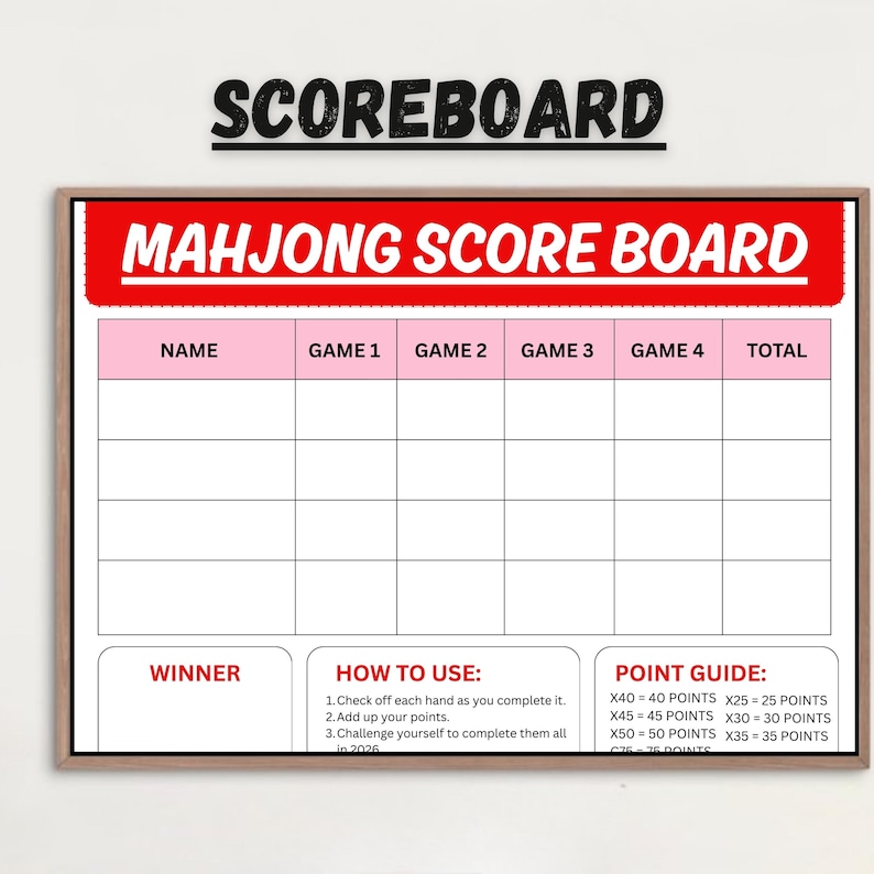 Mahjong scorecard and scoreboard PDF for game night players