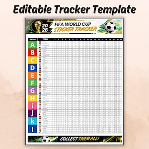 Könnte beinhalten: Eine bearbeitbare FIFA World Cup 2026 Sticker-Tracker-Vorlage mit einer Tabelle für die Gruppen A bis L, Nationalflaggen und nummerierten Spalten von 1 bis 19. Das Design zeigt einen Fußball, den Pokal und den Text Collect Them All.