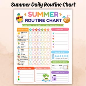 Könnte beinhalten: Ein sommerlicher Tagesablaufplan mit einer farbenfrohen Checkliste, Aufgabensymbolen, einem wöchentlichen Raster sowie Bereichen für Ziele wie Wasseraufnahme, Bildschirmzeit und Erfolge, verziert mit einer Ananas und einer Kokosnuss.