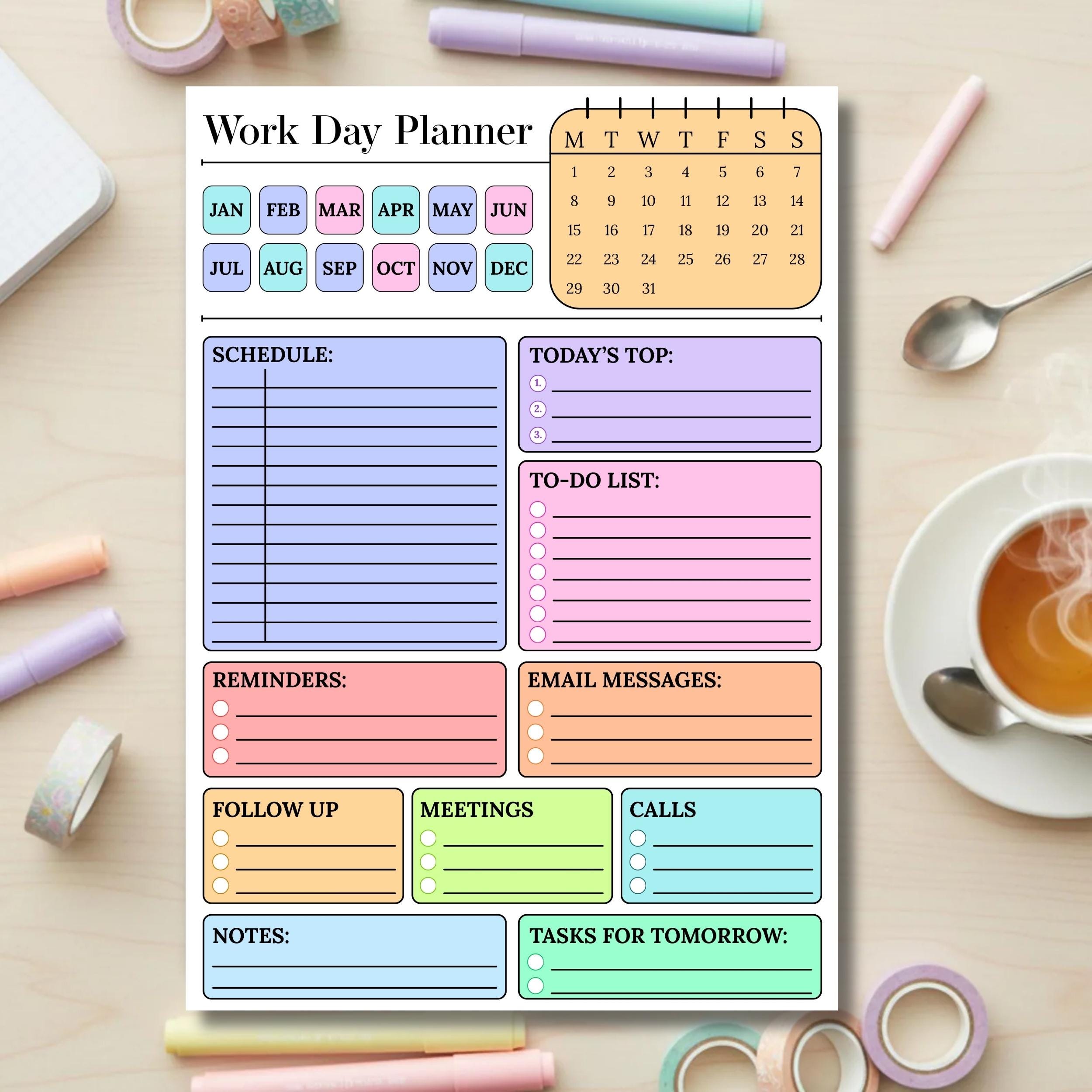 Editable Work Planner Printable, Daily Work Day Schedule Template ...