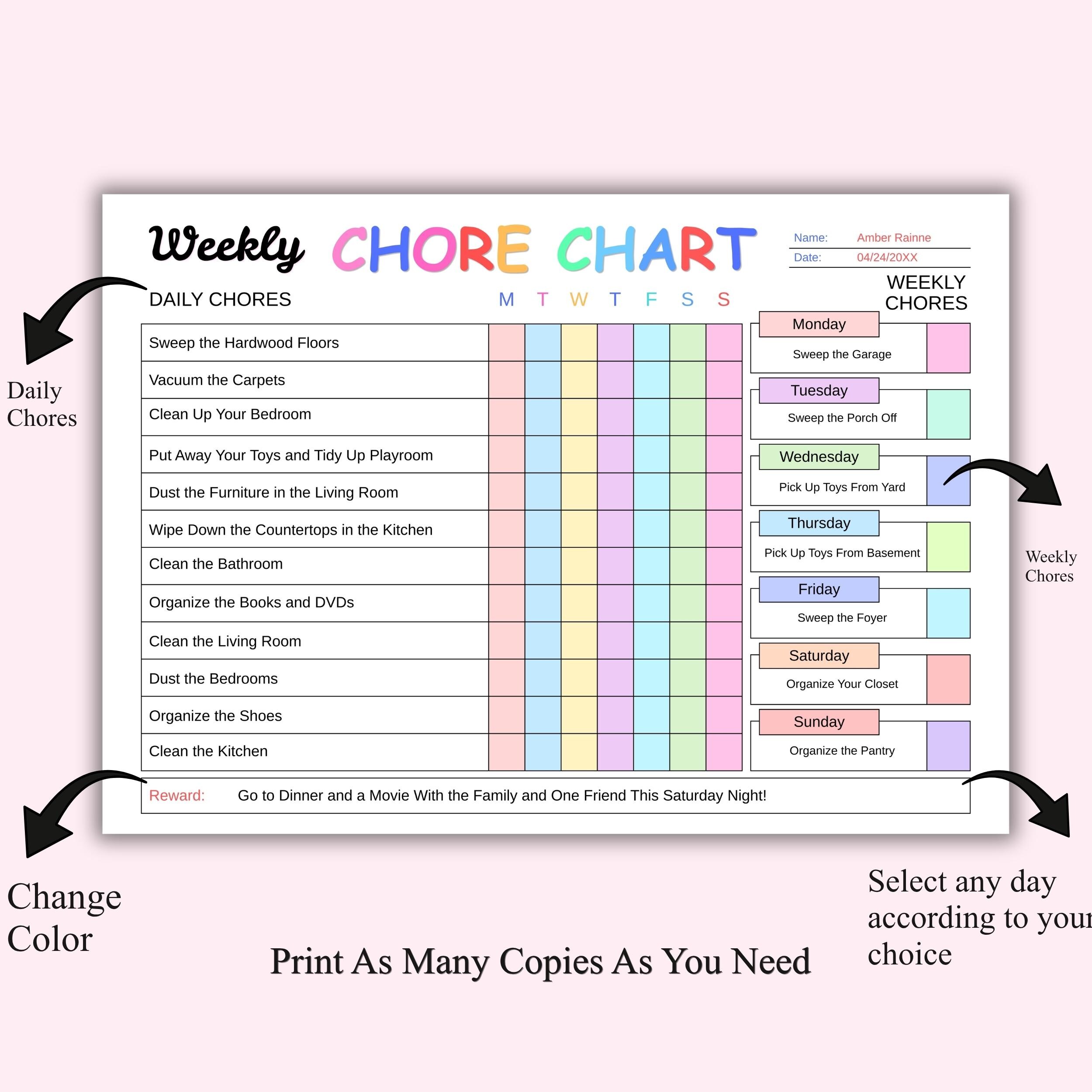 Editable Kids Chore Chart Printable, Daily Routine Planner for Teens ...