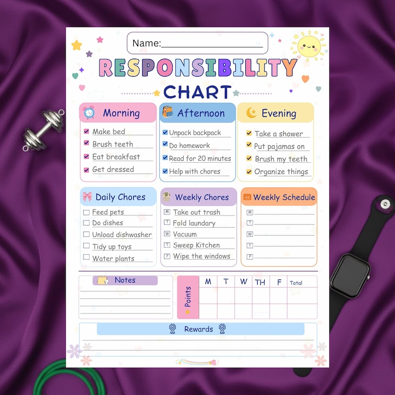 Kids Chore Chart Printable PDF, Weekly Responsibility Planner, Daily ...