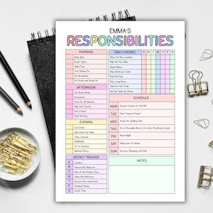 Tabla de responsabilidades para niños imprimible, rutina diaria de tareas personalizada y planificador de horarios semanales, lista de tareas matutinas y vespertinas para niños