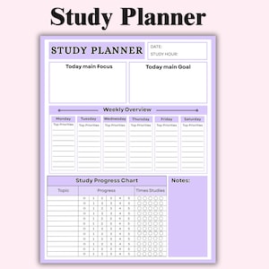 Könnte beinhalten: Ein lilafarbener Studienplaner mit dem Titel "Study Planner". Er enthält Abschnitte für den täglichen Fokus, Ziele, einen Wochenüberblick, eine Fortschrittstabelle und Notizen. Das Layout ist für organisiertes Lernen konzipiert.
