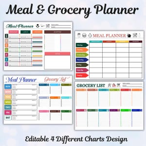 Könnte beinhalten: Vier verschiedene Designs für Essens- und Einkaufsplaner. Oben im Bild steht "Meal & Grocery Planner". Die Planer enthalten Abschnitte für Frühstück, Mittagessen, Abendessen, Einkaufen und Notizen. Der untere Teil des Bildes lautet "Editable 4 Different Charts Design".