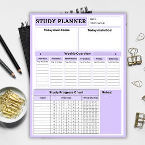 Study Planner Printable for Students, Weekly Academic Organizer, Progress Tracker, Daily Focus Goals PDF