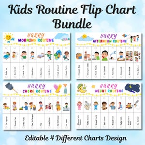 Könnte beinhalten: Ein Bundle aus vier farbenfrohen Kinder-Routine-Flipcharts. Jedes Chart enthält Illustrationen und Text für Morgen-, Nachmittags-, Hausarbeits- und Nachtroutinen. Die Charts sind mit dem Namen "Harry" versehen und haben editierbare Designs.