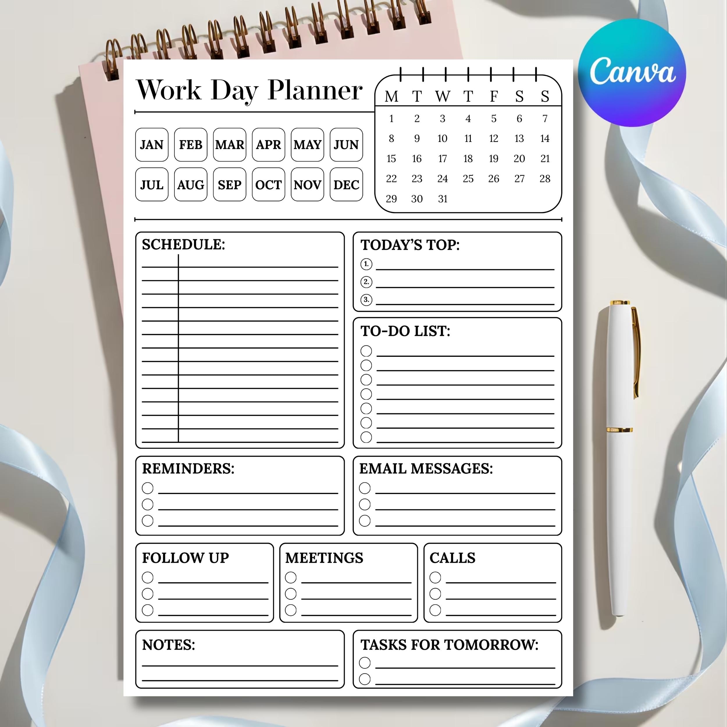 Editable Work Planner Printable, Daily Work Day Schedule Template ...