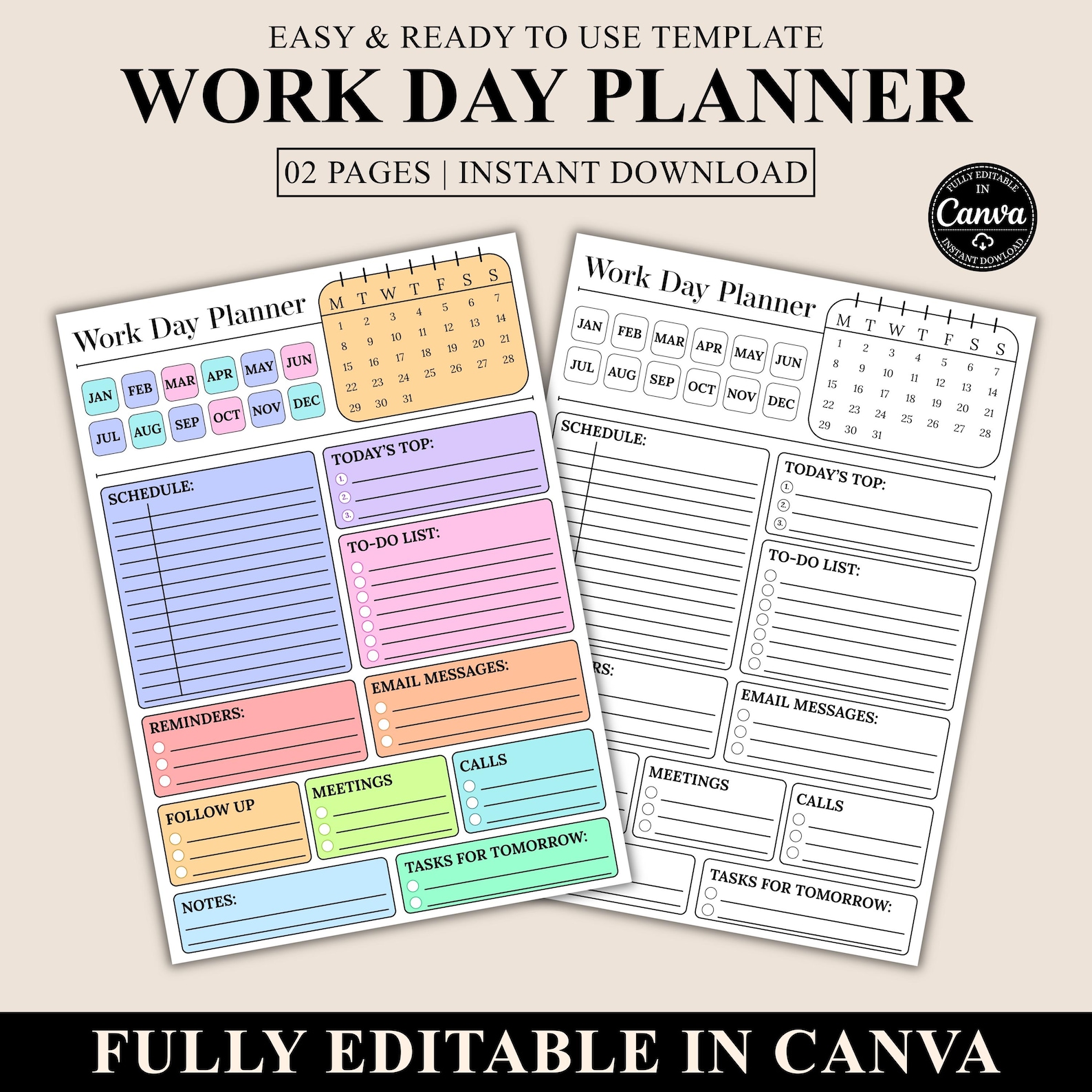 Editable Work Planner Printable, Daily Work Day Schedule Template ...