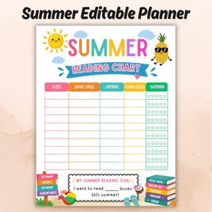 Könnte beinhalten: Eine Summer Reading Chart Planerseite mit einer lächelnden Sonne, einer Ananas mit Sonnenbrille und blauen Wolken. Die Tabelle enthält Spalten für Datum, Buchtitel, Autor, gelesene Seiten und Bewertung sowie einen Bereich für Leseziele.
