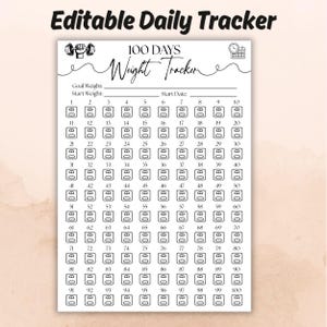 Printbare gewichtstracker voor 100 dagen, grafiek voor gewichtsverliesuitdaging, fitnessdoelplanner, dagelijkse weegtracker (pdf)