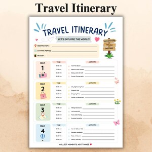 Może przedstawiać: Biały szablon planu podróży z tytułem "Travel Itinerary" na górze. Szablon zawiera sekcje dotyczące celu podróży, okresu pobytu i budżetu. Ma cztery dni z przedziałami czasowymi i sekcjami aktywności. Tekst "Let's Explore the World!" jest również uwzględniony.