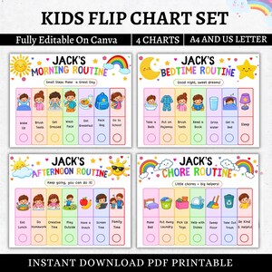 Könnte beinhalten: Ein Set aus vier bunten Flipcharts für Kinder mit den Titeln Jack's Morning, Bedtime, Afternoon und Chore Routines. Jedes Diagramm enthält illustrierte Aufgaben, Kontrollkästchen und motivierenden Text. Das digitale Set ist in A4 und US Letter auf Canva editierbar.
