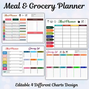 Könnte beinhalten: Ein Satz von vier Essens- und Einkaufsplaner-Diagrammen mit weißem Hintergrund. Die Diagramme enthalten Abschnitte für Essensplanung, Einkaufslisten und Notizen. Der Text "Meal & Grocery Planner" und "Editable 4 Different Charts Design" sind sichtbar.