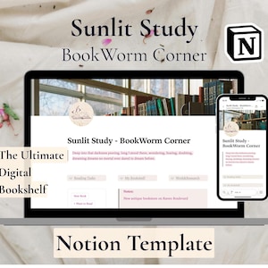 Diario de lectura Sunlit Study Notion / Rastreador de libros y gestor de biblioteca / Panel de control para lectores digitales