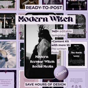 May include: A digital social media template kit for Canva featuring a dark aesthetic with purple and black color schemes. The design includes text overlays such as Modern Witch, 140+ editable templates, and content kits for social media posts.