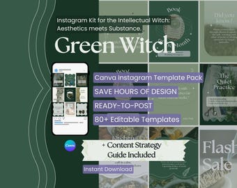 Kit di modelli per social media Green Witch, erboristeria, elementi naturali, mistici, wiccan, Canva