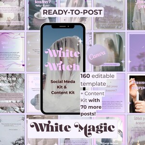 Pode incluir: Um smartphone exibindo um kit de conteúdo para redes sociais com o texto White Witch, 160 modelos editáveis e 70 posts adicionais. A tela mostra uma pessoa com um véu branco, cercada por uma grade de modelos gráficos em tons de roxo.