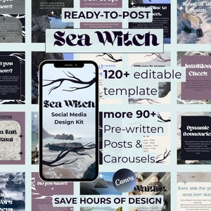 Sea Witch Instagram Templates Canva, Shadow Work Content Pack for Coaches, Spiritual Business Social Media Kit, Captions, Carousel Pack