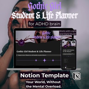 以下が含まれることがあります： ノートパソコンとスマートフォンの画面に表示された、Gothic Girl Student & Life Planner for ADHD brainというタイトルのデジタルNotionテンプレート。インターフェースは紫色のアクセントが付いたダークテーマで、蝶のアイコンとBeauty is terrorというテキストが表示されています。