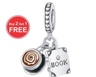パンドラ コーヒー＆ブックチャーム S925 スターリングシルバー、ブレスレットネックレスペンダントチャーム、クリスマスチャームジュエリー、送料無料