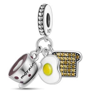 Coffee, Fried Egg and Toast Dangle Charm, 925 Sterling Silver Charm for Bracelet, Breakfast Themed Jewelry, Gift for Brunch Lovers