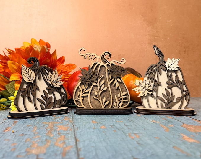 Wood Pumpkin Decor Set of 3 | Layered Fall Pumpkins | Rustic Autumn Shelf Decor | Thanksgiving