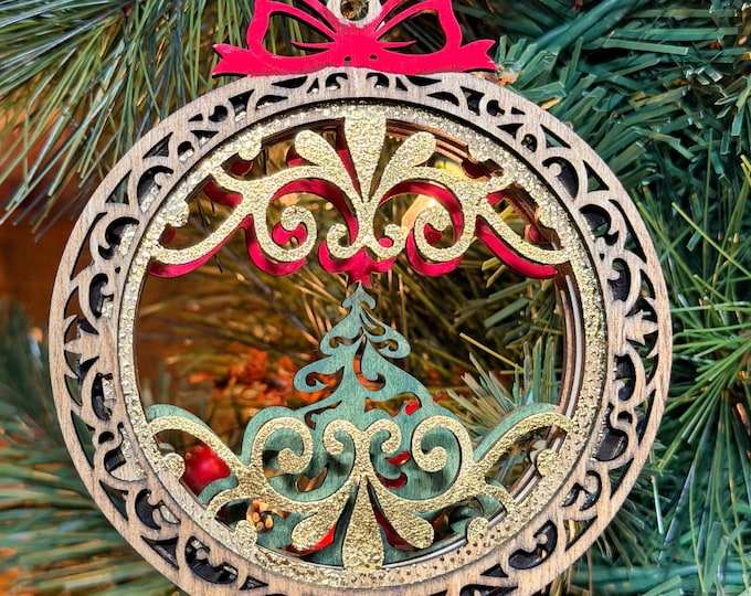 Elegant Layered Wood Christmas Ornament | Hand-Painted Filigree Tree Ornament | Gift Box Included