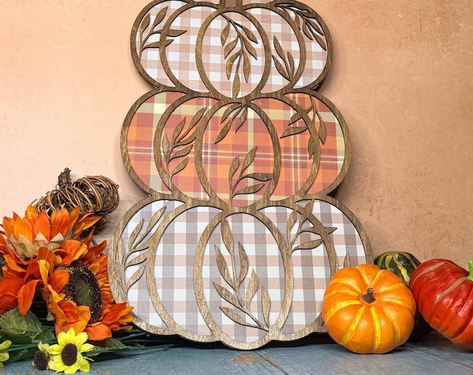 Layered Plaid Pumpkin Fall Sign | 19" Wooden Pumpkin Decor | Rustic Autumn | Farmhouse Thanksgiving