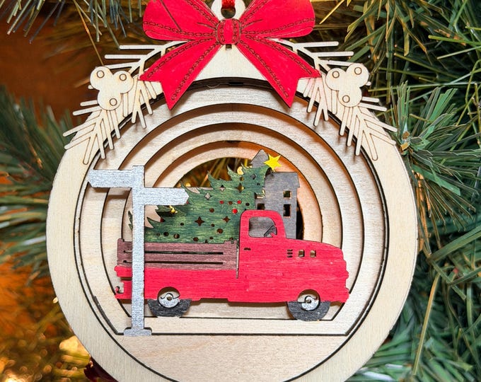2026 Christmas Ornament | Hand Painted Layered Wood Ornament | Vintage Red Truck | Gift Box Included