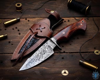 Handmade Damascus Steel Hunting Knife, Rosewood Handle, Leather Sheath