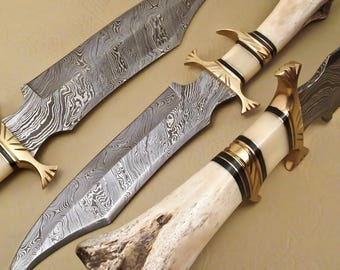 Handmade Damascus Steel Hunting Bowie Knife || Camel Bone Handle || Best for Camping Personalised Gift For Him || Custom Knife for Christmas
