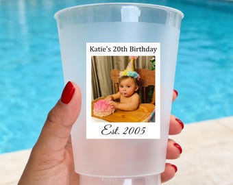 Personalized 20th Birthday Frosted Plastic Cups, Photo Keepsake