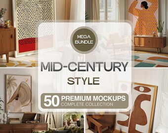 ミッドセンチュリーのモックアップ50個パック、レトロなタッチのヴィンテージテンプレート、ミッドセンチュリー50年代スタイルのプリントやポスター用のPSDファイルのバンドル