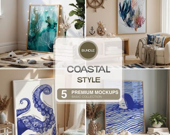 5つの沿岸モックアップ、地中海風のビンテージテンプレート、マリンスタイルのプリントとポスターのバンドルPSDファイル