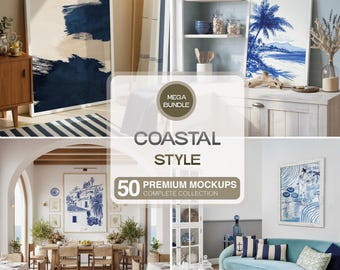 50 枚の沿岸モックアップ、地中海風のビンテージ テンプレート、マリン スタイルのプリントやポスター用の PSD ファイルのバンドル