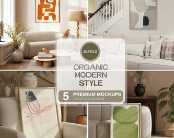 モダンなオーガニックモックアップ5点パック、曲線的なタッチのモダンなテンプレート、オーガニックスタイルのプリントやポスター用のPSDファイルのバンドル