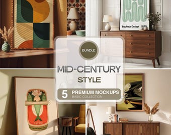 ミッドセンチュリーのモックアップ5点、レトロなタッチのヴィンテージテンプレート、ミッドセンチュリー50年代風のプリントとポスターのPSDファイルのバンドルパック
