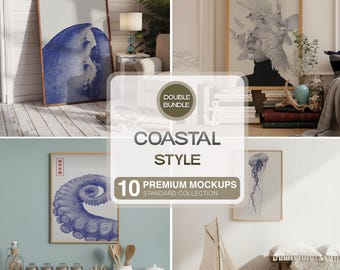 10 個の沿岸モックアップ パック、地中海風のビンテージ テンプレート、マリン スタイルのプリントやポスター用の PSD ファイルのバンドル