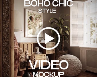ボヘミアンシックスタイルのビデオモックアップ、ヴィンテージタッチのビデオテンプレート、ボヘミアンシックプリントとアートワークのビデオ用のPSDファイル