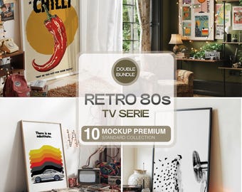 80年代のレトロなテレビシリーズの装飾モックアップ、ヴィンテージモデル、80年代のレトロなプリントやポスター用のPSDファイルコレクション10個パック