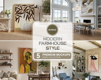 モダンファームハウスのモックアップ5点パック、アメリカンな雰囲気のモダンなテンプレート、PSDファイルのバンドル、アメリカンスタイルのプリントとポスター