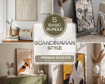 スカンジナビア風のモックアップ5個パック、北欧風のモダンなテンプレート、バンドルPSDファイル、スカンジナビア風のプリントやポスター