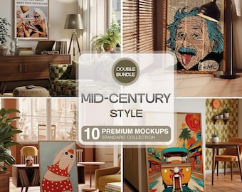 ミッドセンチュリーのモックアップ10個パック、レトロなタッチのヴィンテージテンプレート、ミッドセンチュリー50年代スタイルのプリントやポスター用のPSDファイルのバンドル