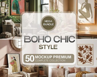 50 個のボヘミアン シックなモックアップ、ヴィンテージ タッチのモダンなテンプレート、ボヘミアン シックなプリントやポスター用の PSD ファイルのコレクション