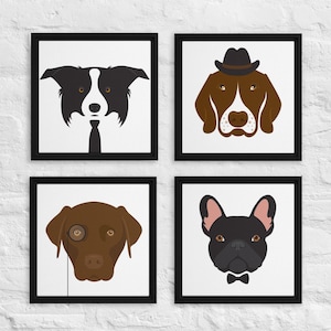 Puede incluir: Cuatro retratos de perros enmarcados. Cada perro está representado con un accesorio diferente: una corbata, un sombrero, un monóculo y una pajarita. Los perros son de color negro, marrón y blanco, sobre un fondo blanco.