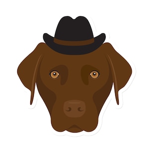 Puede incluir: Una pegatina con un perro marrón que lleva un sombrero fedora negro. El perro tiene ojos marrones y una nariz marrón. La pegatina es una ilustración sencilla de estilo caricatura.